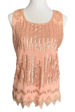PrettyGuide Rose Gold Sequin Flapper Tank Top Sleeveless Mesh Scalloped Hem S‎ thumbnail 1