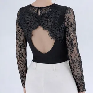 SheIn Women’s Black Lace Long Sleeve Cut Out Back Bodysuit Size Medium thumbnail 2
