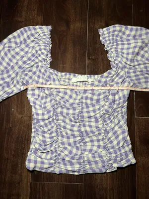 Astr the label ruched puff sleeve top in blue and purple gingham size small thumbnail 7