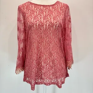 Sheer Mauve Mixed Lace Bell Sleeve Top Eyelash Fringe Gimmicks by BKE Fairy Boho thumbnail 4