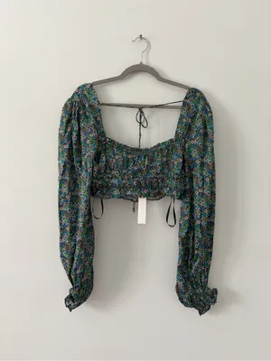 For Love And Lemons Alisa Blue Green Floral Sweetheart Long Sleeve Crop Top NWT thumbnail 6
