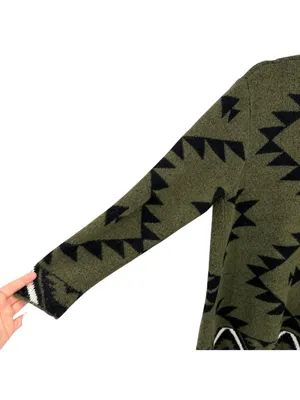 Frye The Cozy Cardigan Open Front Aztec Cardigan Sweater Large Olive Black thumbnail 5