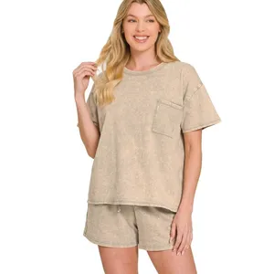 Zenana French Terry Acid Washed Relaxed‎ Top & Short Set - Medium thumbnail 2