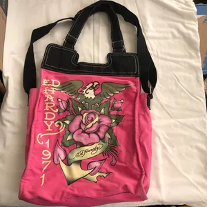 Ed Hardy 1971 pink and black tote shoulder hand crossbody bag purse grunge punk thumbnail 2