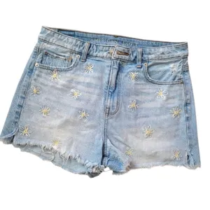 Womens American Eagle Daisy Embroidered Light Rinse Distressed Mom Shorts - Sz 4 thumbnail 2