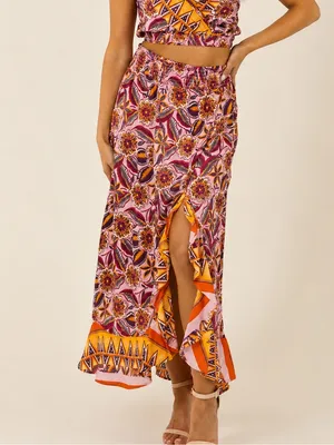 Angie Boho Floral High-Low Midi Skirt Medium Pink Purple Orange Festival thumbnail 2