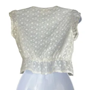 Idem Ditto White Eyelet Floral Crop Top Small‎ Peplum Ruffle Sleeve Plunge Neck thumbnail 2