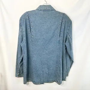 VTG Wrangler Western Wear Large Denim Shirt Blue‎ Grommet Studded Shacket 1234 thumbnail 2