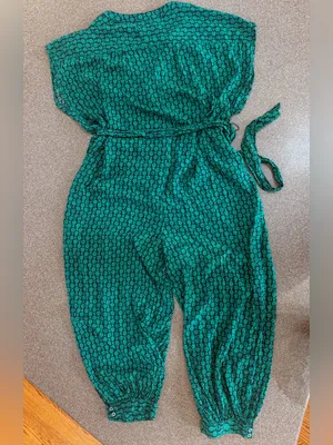 Anthropologie Maeve Geoscope button up tie waist jumpsuit. Green and Navy thumbnail 3