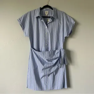 Anthropologie Maeve Button Front Wrap Mini Shirt Dress Pinstripe Large Preppy thumbnail 2
