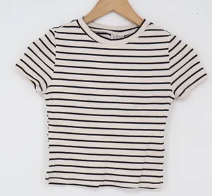H&M T-Shirt Womens S Divided Basic Cream Black Striped Ribbed Crop Top Excellent thumbnail 1