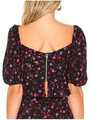 For Love & Lemons x Revolve Black Floral Cottagecore Crop Blouse Puff Sleeve S thumbnail 2
