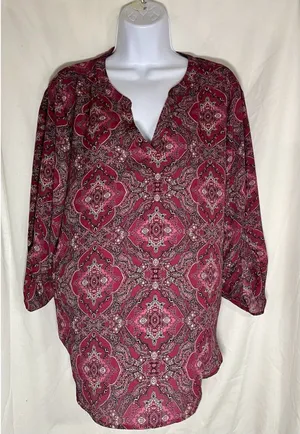 Maurices Women's XL Pink Paisley Boho Blouse Roll-Tab Sleeve V-Neck Tunic thumbnail 1