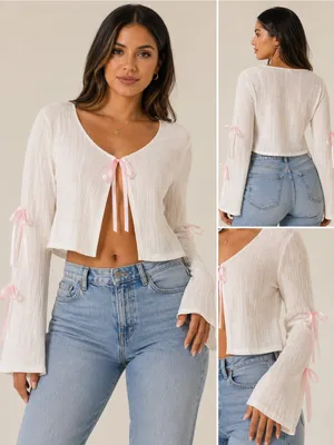ROMWE White Crop Top with Pink Ribbon Ties thumbnail 2
