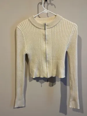 Ribbed Zipper Cardigan White Size M thumbnail 2