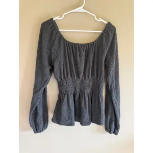 Madewell Gray Smocked Peplum Top Long Sleeve Square Neck Knit Blouse Medium thumbnail 3