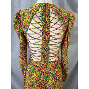 AFRM Yellow Floral Puff Sleeve Open Back Lattice‎ Detail Maxi Dress S thumbnail 2