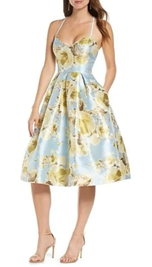 Eliza J Jacquard Brocade Floral Midi Flare Dress with Crisscross Straps thumbnail 1