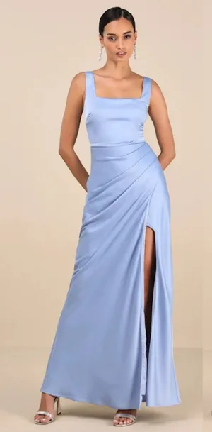 NWT Lulus Red Carpet Romance Light Blue Satin Square Neck Maxi Dress Size S thumbnail 1