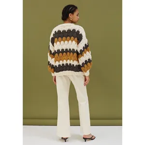 CHICWISH Color Block Hand Knit Chunky Cardigan Sweater Smoke Medium Large thumbnail 8