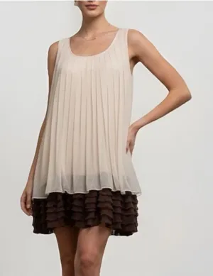 NEW Anthropologie Ryu Pleated Ruffle Babydoll Dress SMALL Sleeveless Beige/Brown thumbnail 1