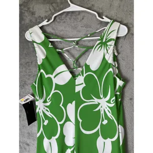 Vintage Tropical Hibiscus Floral Midi Dress Green White Resort Vacation S New thumbnail 4