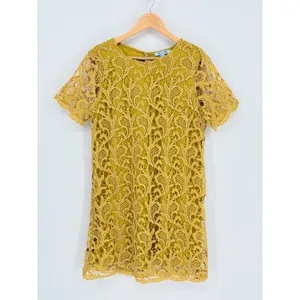 She + Sky‎ Crochet Mini Dress Large Mustard Yellow Floral Lace Shift Boho Retro thumbnail 2