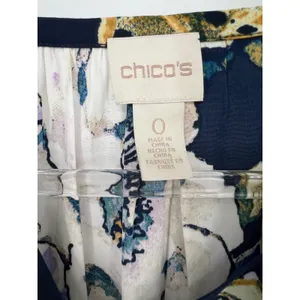 CHICO'S 0 Floral Peasant Blouse Women Small 4 Navy Blue Long Sleeve Split‎ Neck thumbnail 3