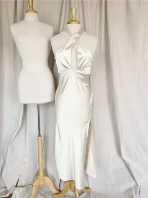 Elegant Cream Satin Halter Midi Dress thumbnail 6