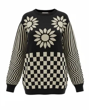 OXKNIT 2XL Black White Daisy Checkerboard Stripe Knit Sweater Retro thumbnail 1