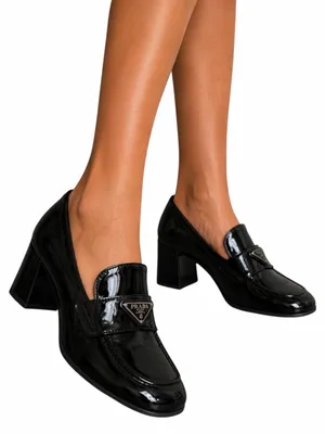 Prada Patent Square Front Enamel Logo Loafer Pump Black Size 37.5 thumbnail 1