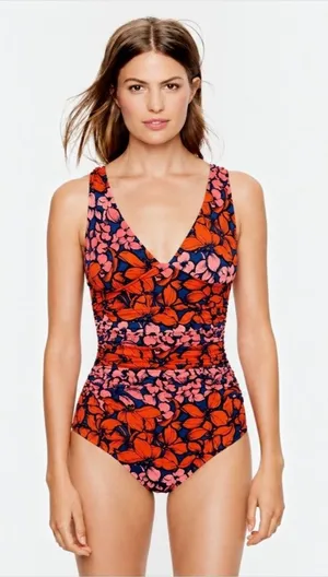 J.Crew Floral Ruched One Piece Swimsuit Pink Orange V Neck Size 8 Beach Resort thumbnail 1