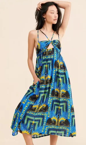 Antrhopologie Incerti midi dress small bandeau strappy blue black cat print thumbnail 1