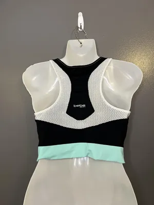 Bebe Sport Tank Top Womens Medium Black White Mint Mesh Colorblock Cropped thumbnail 4