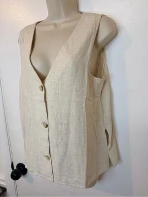 Zenana Linen Vest Button Down Beige Top Size M NWOT Lightweight thumbnail 4