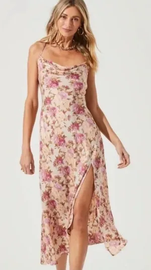 Astr the Label Gaia Cowl Midi Dress Taupe Fuschia Floral Small Wedding Guest thumbnail 1