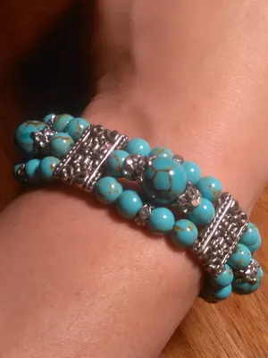Blue Howlite Three Row Beaded Silvertone Stretch Bracelet thumbnail 1