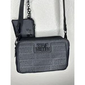Steve Madden Crossbody Bag Womens Small Black Logo Faux Leather Coin Purse Zip thumbnail 2