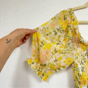 Astr Yellow Ditsy Floral Puff Sleeve Blouse Womens M Smocked Romantic Coquette thumbnail 2