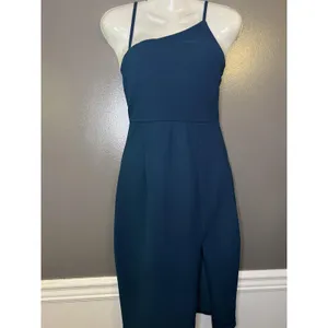 Lulus Dress Womens Small Blue One Shoulder Sheath Midi Side Slit Party Cocktail thumbnail 2
