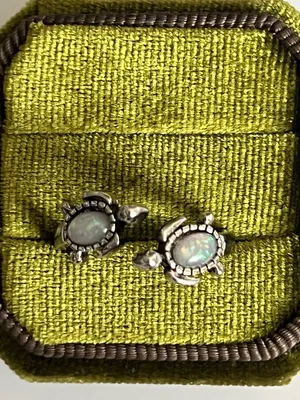 Turtle w/ Iridescent Opal Stainless Steel Silver Adjustable Ring Size 6 thumbnail 1