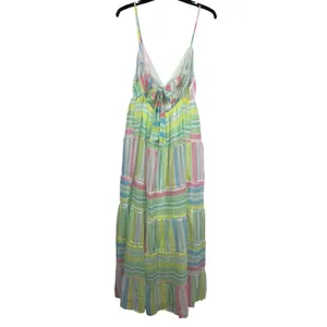NWT Pastel Stripe Maxi Dress Cottage Coquette Beachy Tiered Tie Back Sundress S thumbnail 2