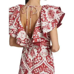 AMUR Zemirah Ruffle Midi Dress Red‎ Ochre Floral Sustainable 6 thumbnail 2