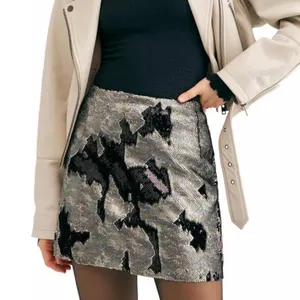 Free People Women's Black/Green Camo Reverse Sequin Stretch Mini Skirt sz 0 thumbnail 7