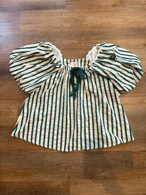 Umgee Green and White Striped Puff Sleeve Peasant Top thumbnail 3