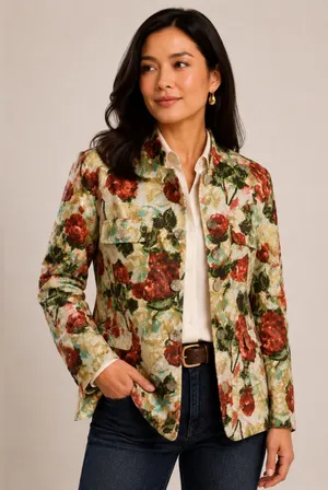 BAMBOO TRADERS Floral Cotton Eyelet Lined Short Blazer/Jacket - Size Large thumbnail 1