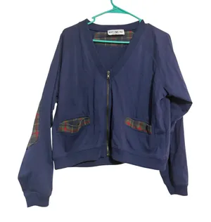 White Stag Cardigan Zip Up Plaid Elbow Patch Navy Blue Vintage Large thumbnail 1