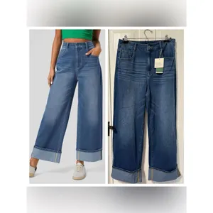 NWT Halara Flex Tall High Waisted Pockets Rolled Hem Wide Leg Washed Denim Large thumbnail 2