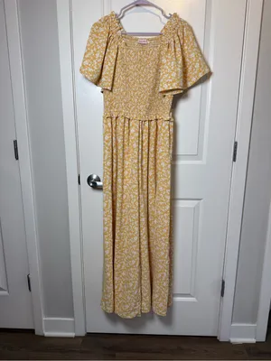 Smocked Bodice Wide-Leg Jumpsuit in Mustard Floral thumbnail 2