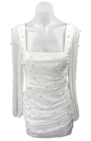 Lulus Admirably Divine White Mesh Pearl Beaded Long Sleeve Mini Bodycon Dress S thumbnail 1